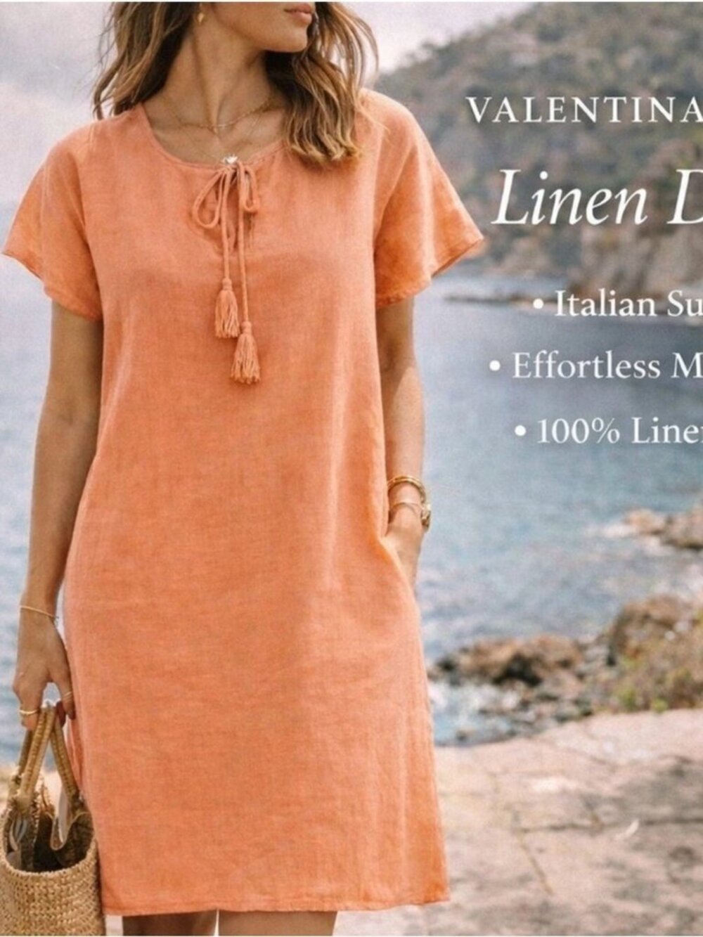 Valentina Naldi Italy Linen Flutter sleeve in Soft Coral Peach Orange Dress S